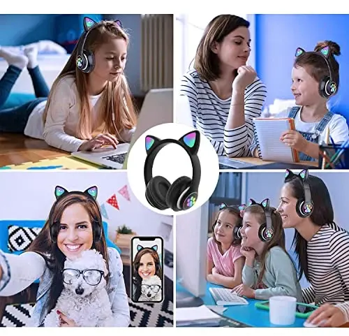 TOKANI Kids Bluetooth Wireless Over-Ear Cat Ear Headphones with Microphone for Kids Teens Adults (Black) - 5
