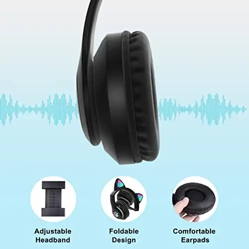 TOKANI Kids Bluetooth Wireless Over-Ear Cat Ear Headphones with Microphone for Kids Teens Adults (Black) - 6