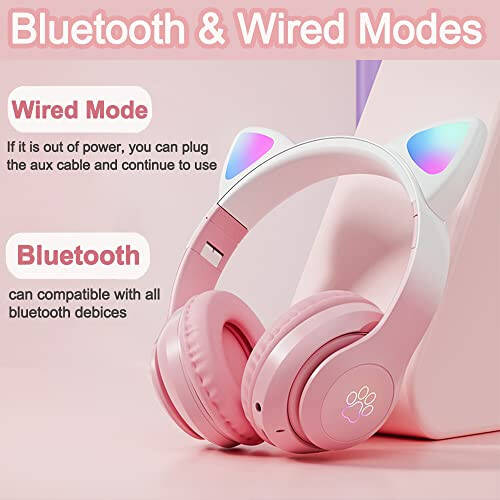 TOKANI Kids Bluetooth Wireless Over-Ear Cat Ear Headphones with Microphone for Kids Teens Adults (New Pink) - 5