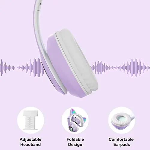 TOKANI Kids Headphones for School, Bluetooth Wireless Headphones with Microphone for Kids Teens Adults, Cat Ear Headphones for Girls Women (Purple) - 5
