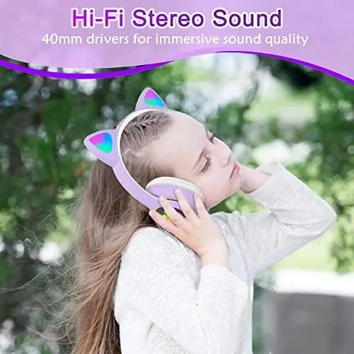 TOKANI Kids Headphones for School, Bluetooth Wireless Headphones with Microphone for Kids Teens Adults, Cat Ear Headphones for Girls Women (Purple) - TOKANI (1)