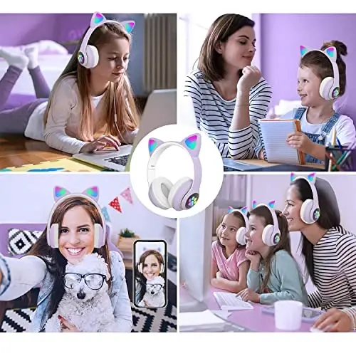 TOKANI Kids Headphones for School, Bluetooth Wireless Headphones with Microphone for Kids Teens Adults, Cat Ear Headphones for Girls Women (Purple) - 6