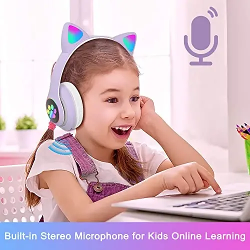 TOKANI Kids Headphones for School, Bluetooth Wireless Headphones with Microphone for Kids Teens Adults, Cat Ear Headphones for Girls Women (Purple) - 3