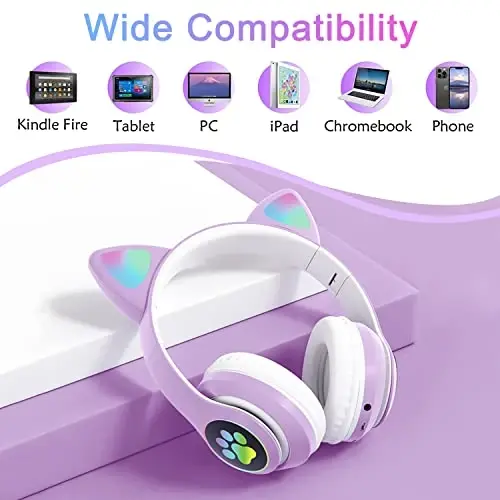 TOKANI Kids Headphones for School, Bluetooth Wireless Headphones with Microphone for Kids Teens Adults, Cat Ear Headphones for Girls Women (Purple) - 4