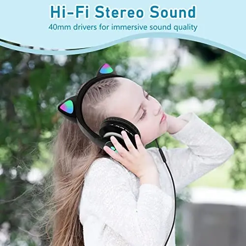 TOKANI Kids Bluetooth simsiz quloq ustidagi mushuk quloqli naushniklar bolalar o'smirlar kattalar uchun mikrofon bilan (qora) - 2