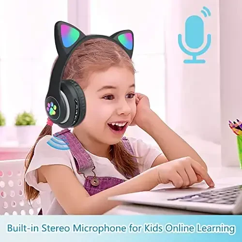 TOKANI Kids Bluetooth Wireless Over-Ear Cat Ear Headphones with Microphone for Kids Teens Adults (Black) - 3