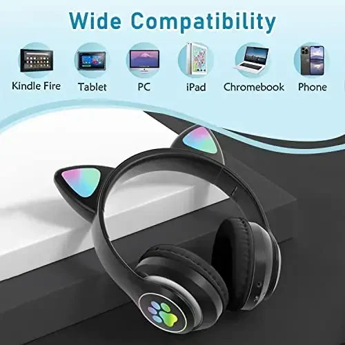 TOKANI Kids Bluetooth Wireless Over-Ear Cat Ear Headphones with Microphone for Kids Teens Adults (Black) - 4