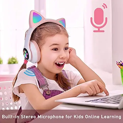 TOKANI Kids Bluetooth Wireless Over-Ear Cat Ear Headphones with Microphone for Kids Teens Adults (Pink) - 3