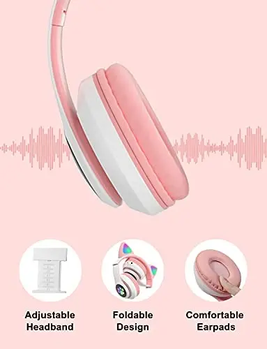TOKANI Kids Bluetooth Wireless Over-Ear Cat Ear Headphones with Microphone for Kids Teens Adults (Pink) - 4