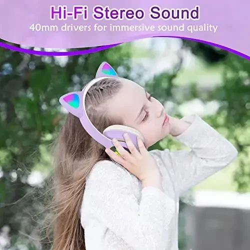 TOKANI Kids Headphones for School, Bluetooth Wireless Headphones with Microphone for Kids Teens Adults, Cat Ear Headphones for Girls Women (Purple) - 2