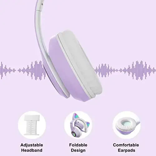 TOKANI Kids Headphones for School, Bluetooth Wireless Headphones with Microphone for Kids Teens Adults, Cat Ear Headphones for Girls Women (Purple) - 5