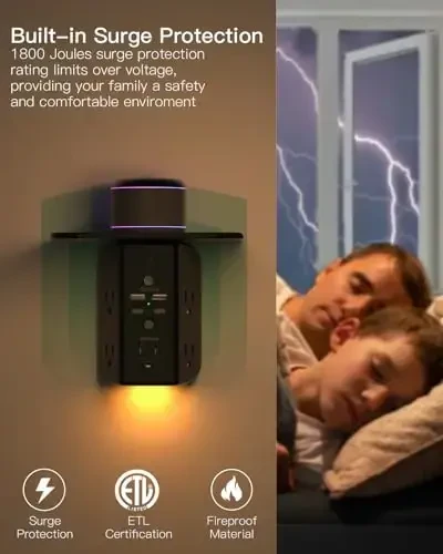 Tokchadagi javonli va tungi yoritgichli uzaytirgich, kuchlanishdan himoya, 5 AC rozetkali va 2 USB A portli 2 USB C portli USB zaryadlovchi kengligi 3 tomonli tarmoqli tok ko'p rozetkali, qora - 4