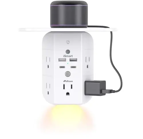 Tokchali va tungi chiroqli devor rozetka uzaytirgichi, kuchlanishdan himoya, 5 ta AC rozetkali va 2 ta USB A portli 2 ta USB C portli USB devor zaryadlovchi keng joyli 3 tomonlama elektr strip multi rozetkalar - 1