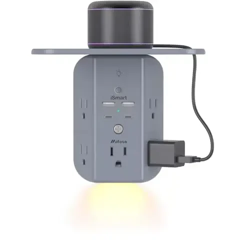 Tokchali va tungi chiroqli devor rozetkasi kengaytirgichi, kuchlanishdan himoyalovchi, 5 AC rozetkali va 2 USB A portli 2 USB C portli USB devor zaryadlovchi keng joyli 3 tomonli tok uzatgich, kulrang 