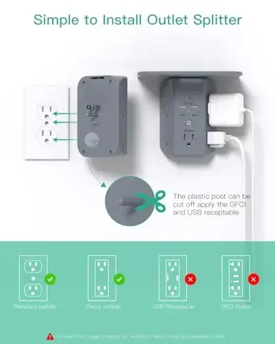 Tokchali va tungi chiroqli devor rozetkasi kengaytirgichi, kuchlanishdan himoyalovchi, 5 AC rozetkali va 2 USB A portli 2 USB C portli USB devor zaryadlovchi keng joyli 3 tomonli tok uzatgich, kulrang - 6