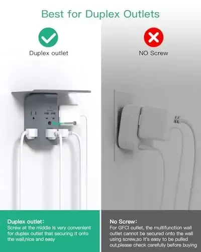 Tokchali va tungi chiroqli devor rozetkasi kengaytirgichi, kuchlanishdan himoyalovchi, 5 AC rozetkali va 2 USB A portli 2 USB C portli USB devor zaryadlovchi keng joyli 3 tomonli tok uzatgich, kulrang - 7