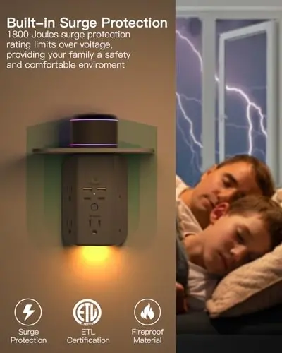 Tokchali va tungi chiroqli devor rozetkasi kengaytirgichi, kuchlanishdan himoyalovchi, 5 AC rozetkali va 2 USB A portli 2 USB C portli USB devor zaryadlovchi keng joyli 3 tomonli tok uzatgich, kulrang - 5