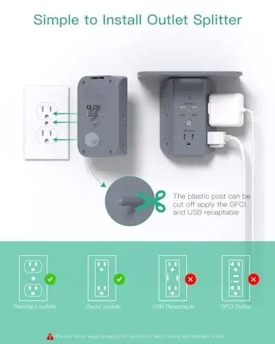 Tokchali va tungi chiroqli devor rozetkasi kengaytirgichi, kuchlanishdan himoyalovchi, 5 AC rozetkali va 2 USB A portli 2 USB C portli USB devor zaryadlovchi keng joyli 3 tomonli tok uzatgich, kulrang - 6