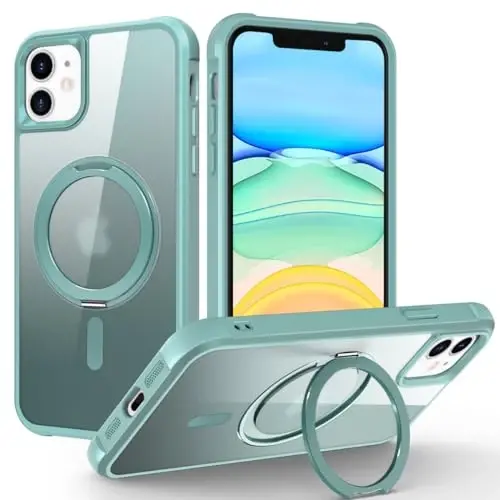TOKVANZ Designed for iPhone 11 Case with 360° Rotatable Magnetic Ring Stand [Compatible Mag-Safe] [Military Grade Protection] Translucent Matte Phone Cases for Women Men 6.1'', Green 