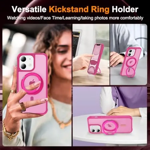 TOKVANZ Designed for iPhone 11 Case with 360° Rotatable Magnetic Ring Stand [Compatible Mag-Safe] [Military Grade Protection] Translucent Matte Phone Cases for Women Men 6.1'', Rose Red - 4