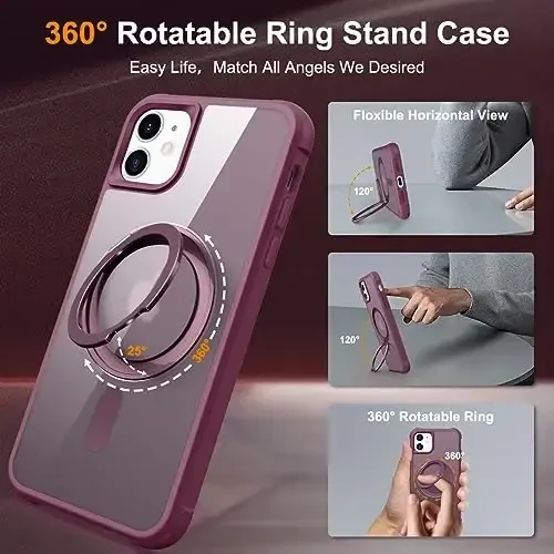 TOKVANZ Designed for iPhone 11 Case with 360° Rotatable Magnetic Ring Stand [Compatible Mag-Safe] [Military Grade Protection] Translucent Matte Phone Cases for Women Men 6.1'', Wine Red - 2