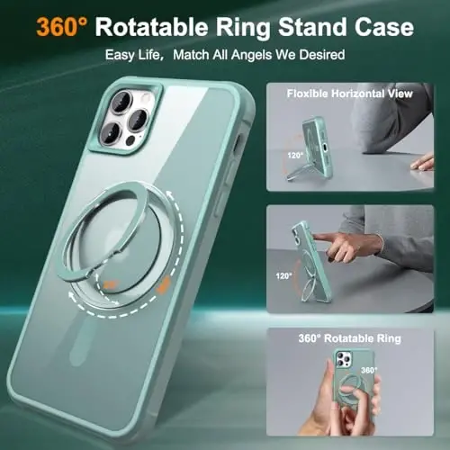 TOKVANZ Designed for iPhone 12 Pro Max/13 Pro Max Case with 360°Rotatable Magnetic Ring Stand [Compatible Mag-Safe] [Military Grade Protection] Translucent Matte Phone Case for Women 6.7