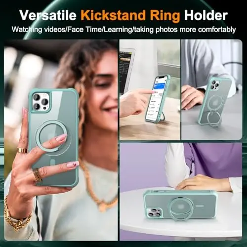 TOKVANZ Designed for iPhone 12 Pro Max/13 Pro Max Case with 360°Rotatable Magnetic Ring Stand [Compatible Mag-Safe] [Military Grade Protection] Translucent Matte Phone Case for Women 6.7