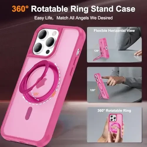 TOKVANZ Designed for iPhone 12/12 Pro Case with 360° Rotatable Magnetic Ring Stand [Compatible Mag-Safe] [Military Grade Protection] Translucent Matte Phone Cases for Women Men 6.1'', Rose Red - 2