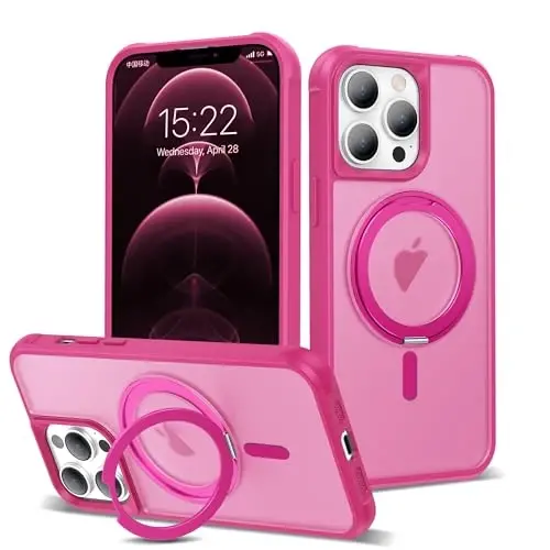 TOKVANZ Designed for iPhone 12/12 Pro Case with 360° Rotatable Magnetic Ring Stand [Compatible Mag-Safe] [Military Grade Protection] Translucent Matte Phone Cases for Women Men 6.1'', Rose Red - 1