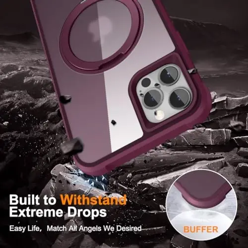 TOKVANZ Designed for iPhone 12/12 Pro Case with 360° Rotatable Magnetic Ring Stand [Compatible Mag-Safe] [Military Grade Protection] Translucent Matte Phone Cases for Women Men 6.1'', Wine Red - 6