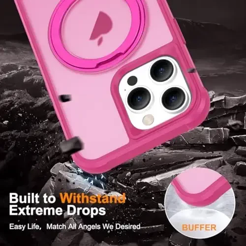 TOKVANZ Designed for iPhone 13 Pro Case with 360° Rotatable Magnetic Ring Stand [Compatible Mag-Safe] [Military Grade Protection] Translucent Matte Phone Cases for Women Men 6.1'', Rose Red - 6