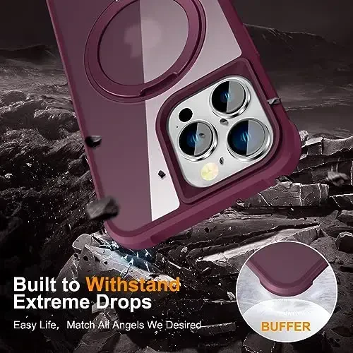 TOKVANZ Designed for iPhone 13 Pro Case with 360° Rotatable Magnetic Ring Stand [Compatible Mag-Safe] [Military Grade Protection] Translucent Matte Phone Cases for Women Men 6.1'', Wine Red - 6