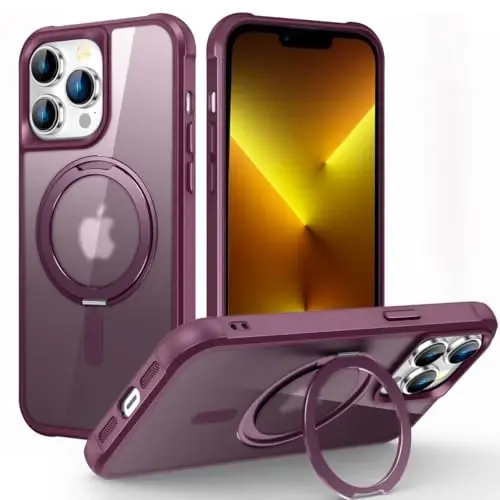 TOKVANZ Designed for iPhone 13 Pro Case with 360° Rotatable Magnetic Ring Stand [Compatible Mag-Safe] [Military Grade Protection] Translucent Matte Phone Cases for Women Men 6.1'', Wine Red - 1