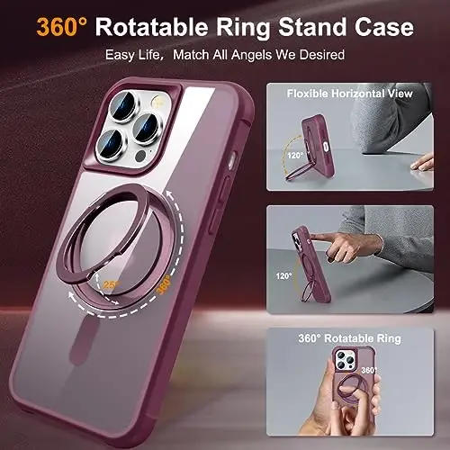 TOKVANZ Designed for iPhone 13 Pro Case with 360° Rotatable Magnetic Ring Stand [Compatible Mag-Safe] [Military Grade Protection] Translucent Matte Phone Cases for Women Men 6.1'', Wine Red - TOKVANZ (1)