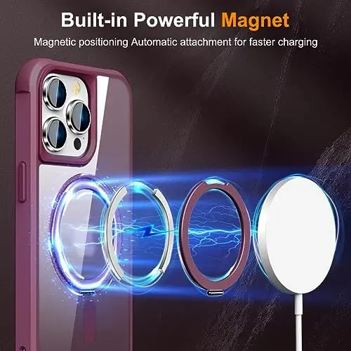 TOKVANZ Designed for iPhone 13 Pro Case with 360° Rotatable Magnetic Ring Stand [Compatible Mag-Safe] [Military Grade Protection] Translucent Matte Phone Cases for Women Men 6.1'', Wine Red - 3