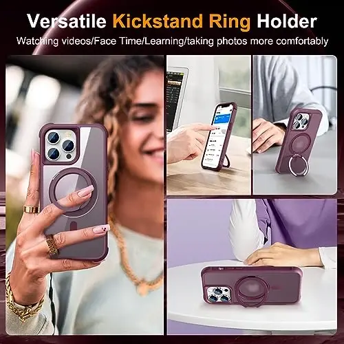 TOKVANZ Designed for iPhone 13 Pro Case with 360° Rotatable Magnetic Ring Stand [Compatible Mag-Safe] [Military Grade Protection] Translucent Matte Phone Cases for Women Men 6.1'', Wine Red - 4