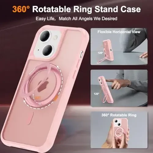 TOKVANZ Designed for iPhone 13/14 Case with 360° Rotatable Magnetic Ring Stand [Compatible Mag-Safe] [Military Grade Protection] Translucent Matte Phone Cases for Women Men 6.1'', Pink - 2