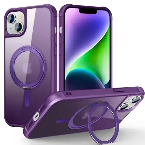 TOKVANZ Designed for iPhone 13/14 Case with 360° Rotatable Magnetic Ring Stand [Compatible Mag-Safe] [Military Grade Protection] Translucent Matte Phone Cases for Women Men 6.1'', Purple - TOKVANZ