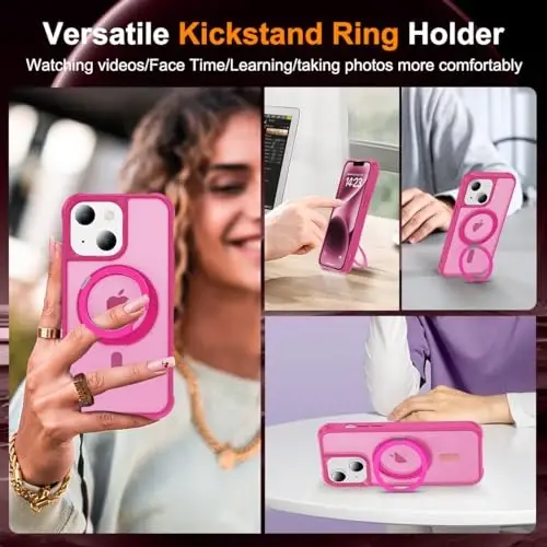 TOKVANZ Designed for iPhone 13/14 Case with 360° Rotatable Magnetic Ring Stand [Compatible Mag-Safe] [Military Grade Protection] Translucent Matte Phone Cases for Women Men 6.1'', Rose Red - 4