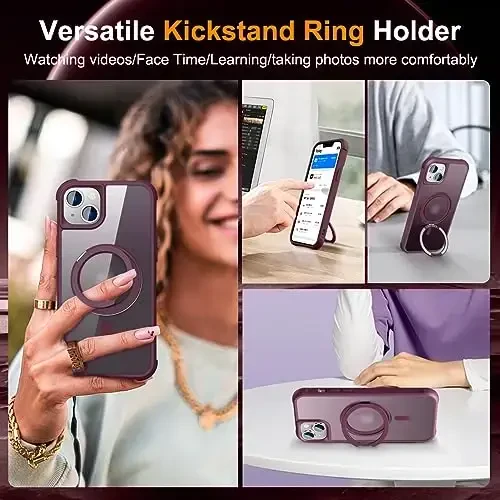 TOKVANZ Designed for iPhone 13/14 Case with 360° Rotatable Magnetic Ring Stand [Compatible Mag-Safe] [Military Grade Protection] Translucent Matte Phone Cases for Women Men 6.1'', Wine Red - 4