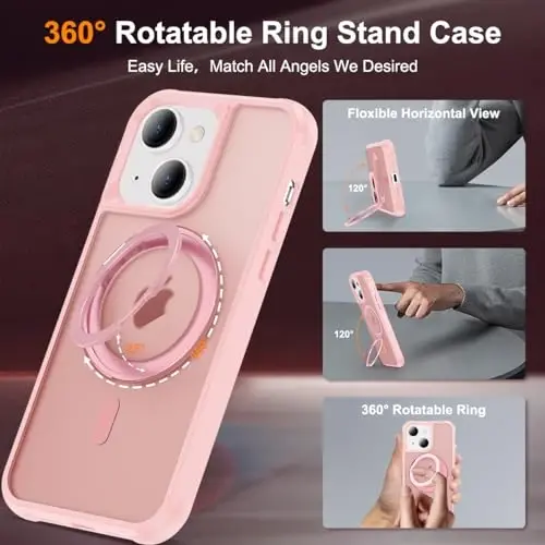 TOKVANZ Designed for iPhone 14 Plus Case with 360° Rotatable Magnetic Ring Stand [Compatible Mag-Safe] Military Grade Protection Translucent Matte Phone Case for Women Men 6.7'', Pink - 2
