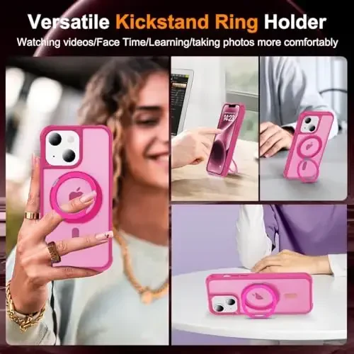 TOKVANZ Designed for iPhone 14 Plus Case with 360° Rotatable Magnetic Ring Stand [Compatible Mag-Safe] [Military Grade Protection] Translucent Matte Phone Cases for Women Men 6.7'', Rose Red - 4