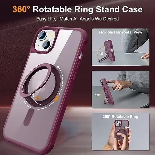 TOKVANZ Designed for iPhone 14 Plus Case with 360° Rotatable Magnetic Ring Stand [Compatible Mag-Safe] [Military Grade Protection] Translucent Matte Phone Cases for Women Men 6.7'', Wine Red - TOKVANZ (1)