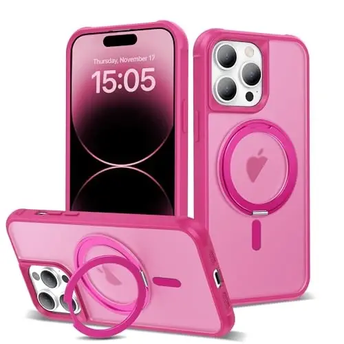 TOKVANZ Designed for iPhone 14 Pro Case with 360° Rotatable Magnetic Ring Stand [Compatible Mag-Safe] [Military Grade Protection] Translucent Matte Phone Cases for Women Men 6.1'', Rose Red - TOKVANZ