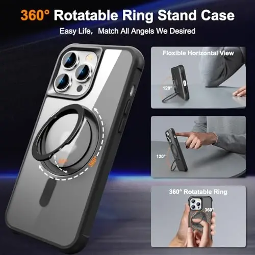 TOKVANZ Designed for iPhone 14 Pro Max Case with 360° Rotatable Magnetic Ring Stand [Compatible Mag-Safe] [Military Grade Protection] Translucent Matte Phone Cases for Women Men 6.7'',Black - TOKVANZ (1)