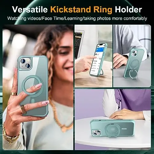 TOKVANZ Designed for iPhone 15 Plus Case with 360° Rotatable Magnetic Ring Stand [Compatible Mag-Safe] [Military Grade Protection] Translucent Matte Phone Cases for Women Men 6.7'', Green - 4
