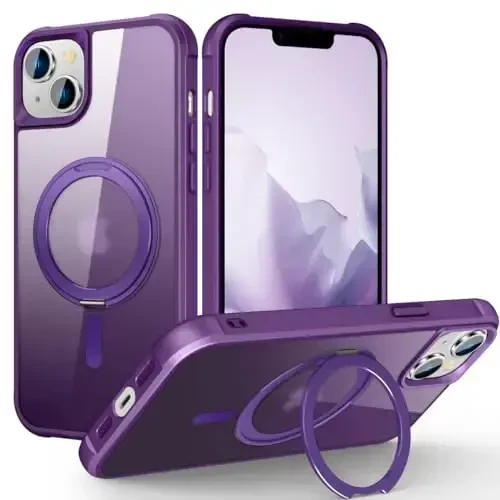 TOKVANZ Designed for iPhone 15 Plus Case with 360° Rotatable Magnetic Ring Stand [Compatible Mag-Safe] [Military Grade Protection] Translucent Matte Phone Cases for Women Men 6.7'', Purple 
