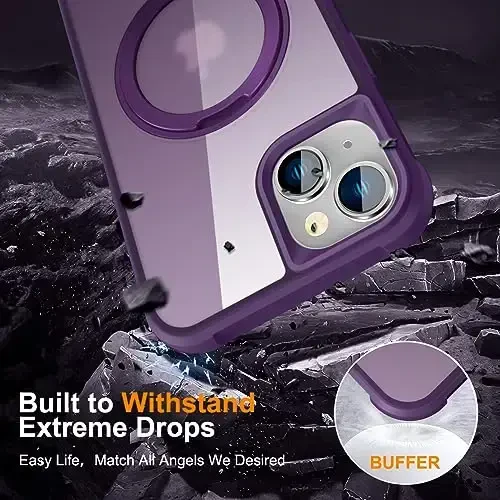TOKVANZ Designed for iPhone 15 Plus Case with 360° Rotatable Magnetic Ring Stand [Compatible Mag-Safe] [Military Grade Protection] Translucent Matte Phone Cases for Women Men 6.7'', Purple - 6