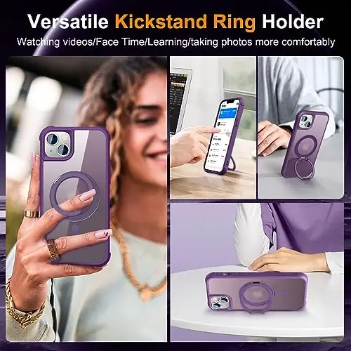 TOKVANZ Designed for iPhone 15 Plus Case with 360° Rotatable Magnetic Ring Stand [Compatible Mag-Safe] [Military Grade Protection] Translucent Matte Phone Cases for Women Men 6.7'', Purple - 4