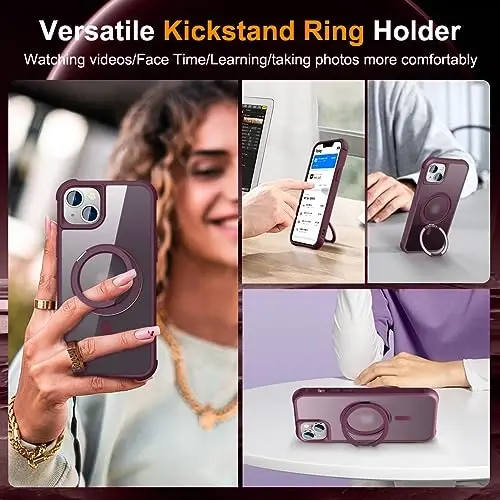 TOKVANZ Designed for iPhone 15 Plus Case with 360° Rotatable Magnetic Ring Stand [Compatible Mag-Safe] [Military Grade Protection] Translucent Matte Phone Cases for Women Men 6.7'', Wine Red - 4